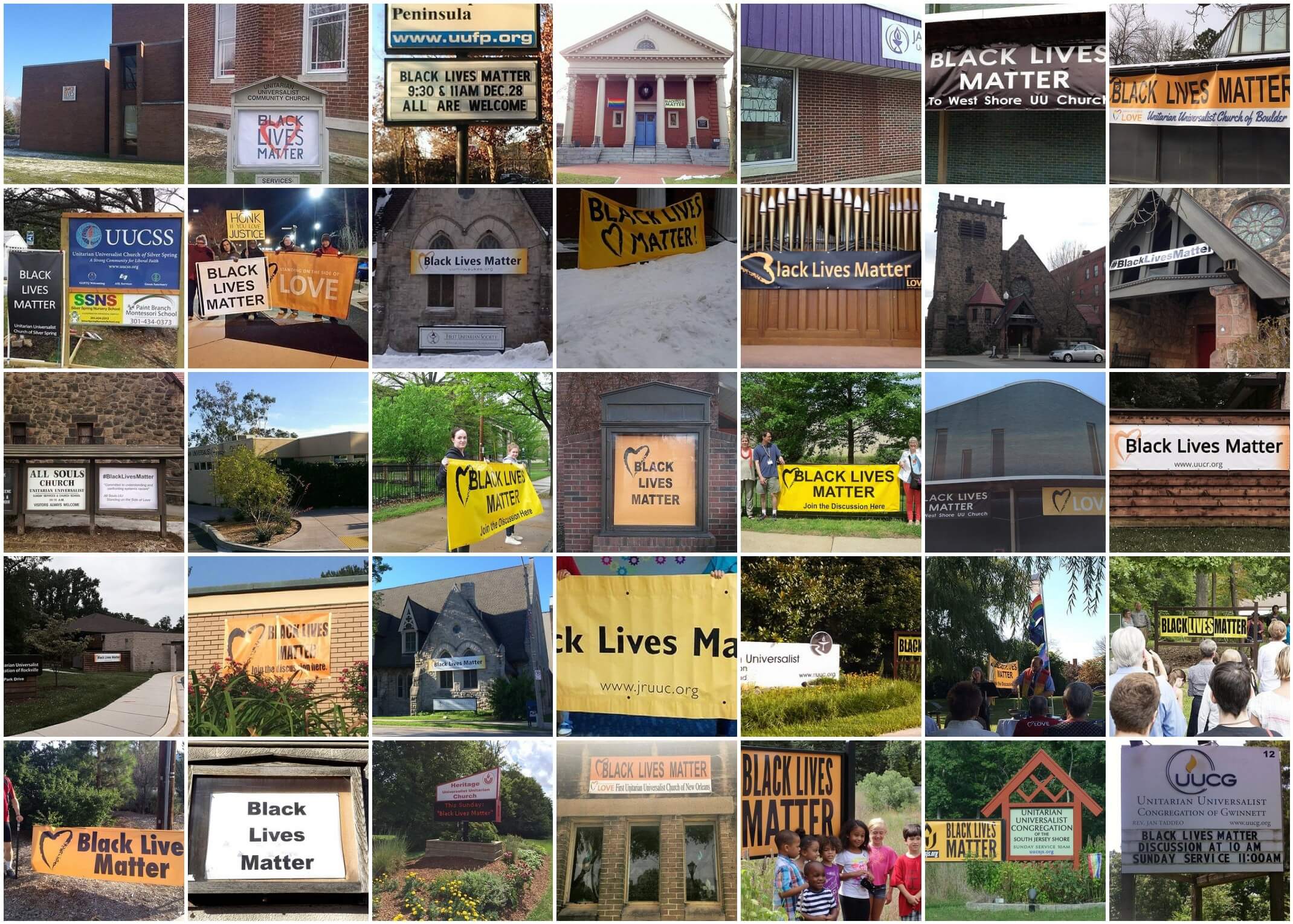Black Lives Matter banners at UU churches across America
