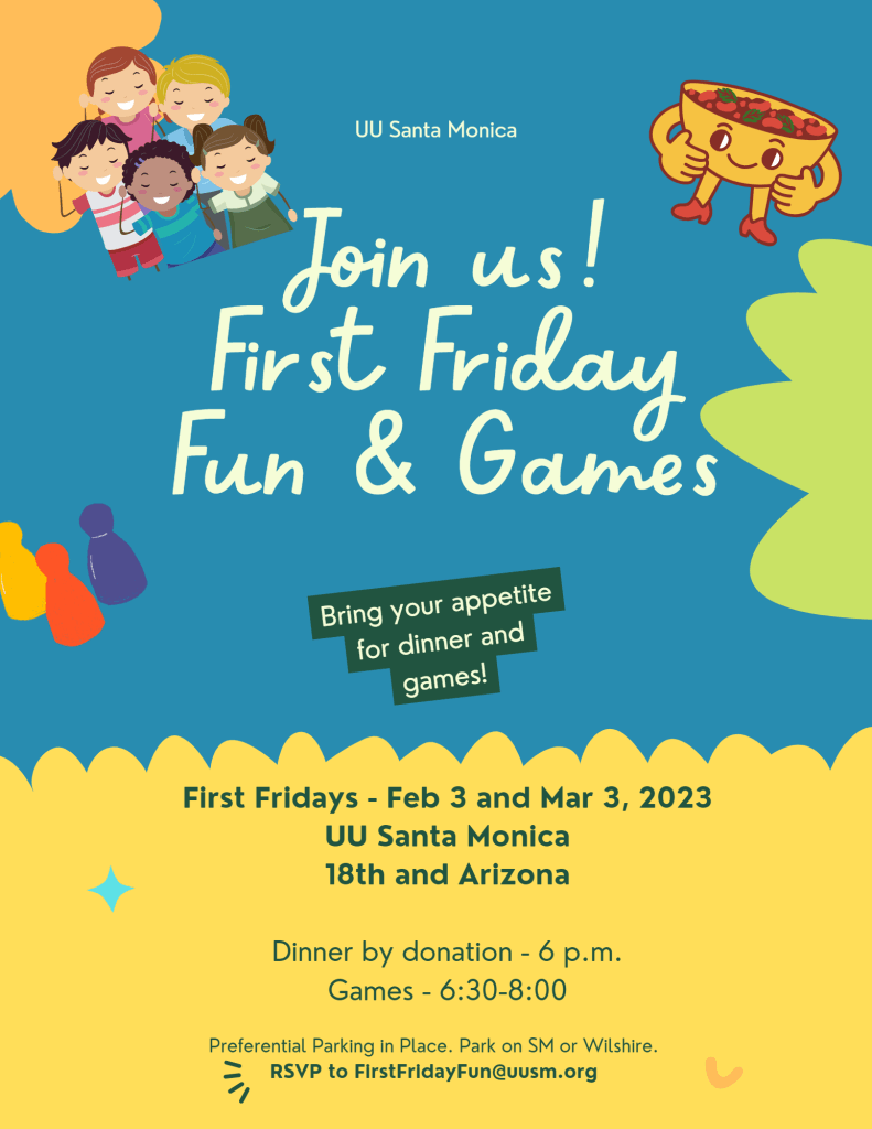 Graphical information about First Friday Fun & Games dates in February and March