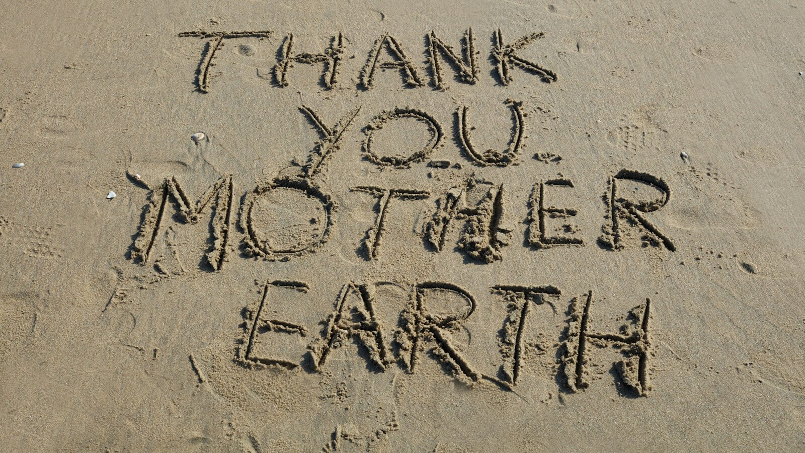 Thank you, mother earth, written in sand.