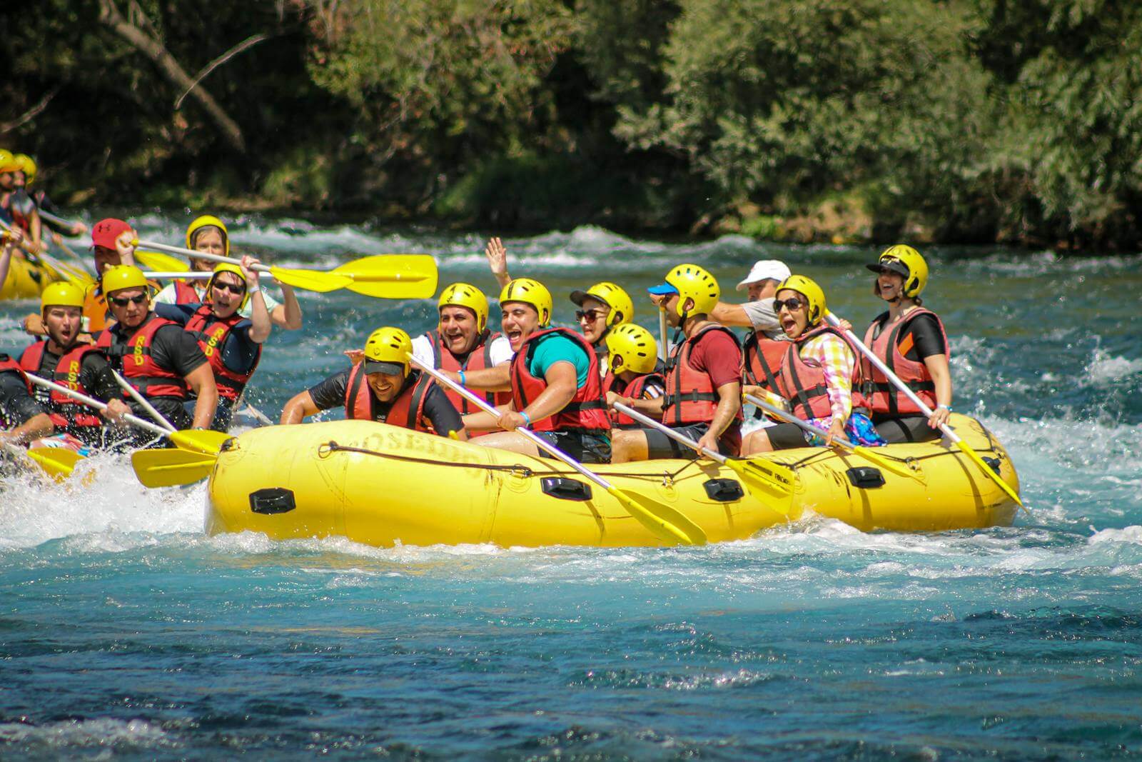 Energetic group enjoying a rafting adventure on river rapids with teamwork and fun.
