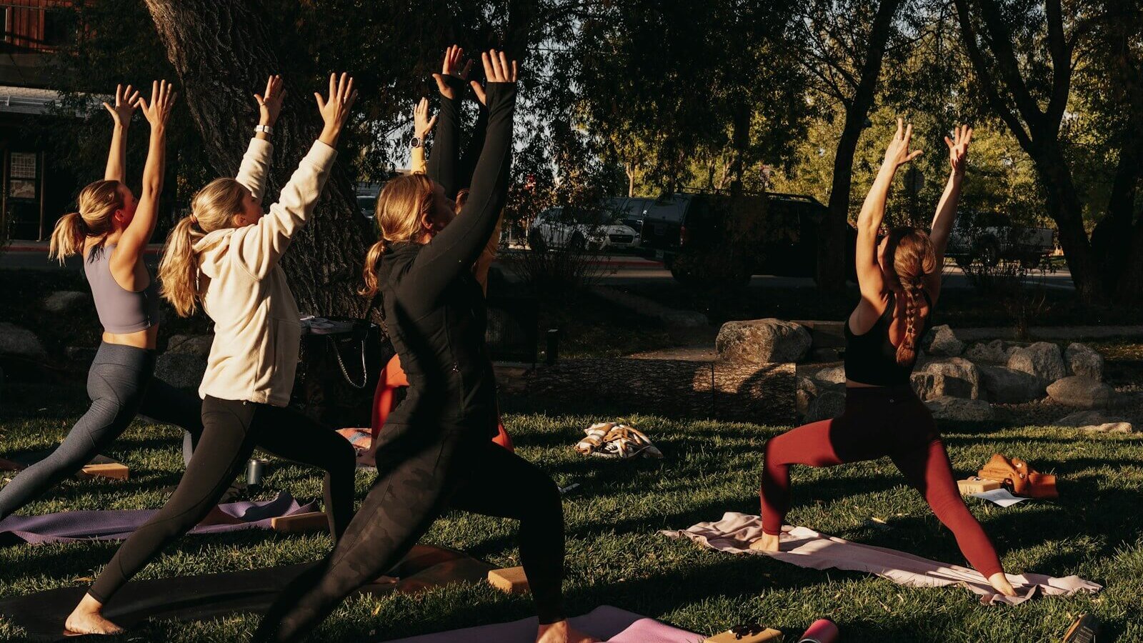 a group of people doing yoga in a park